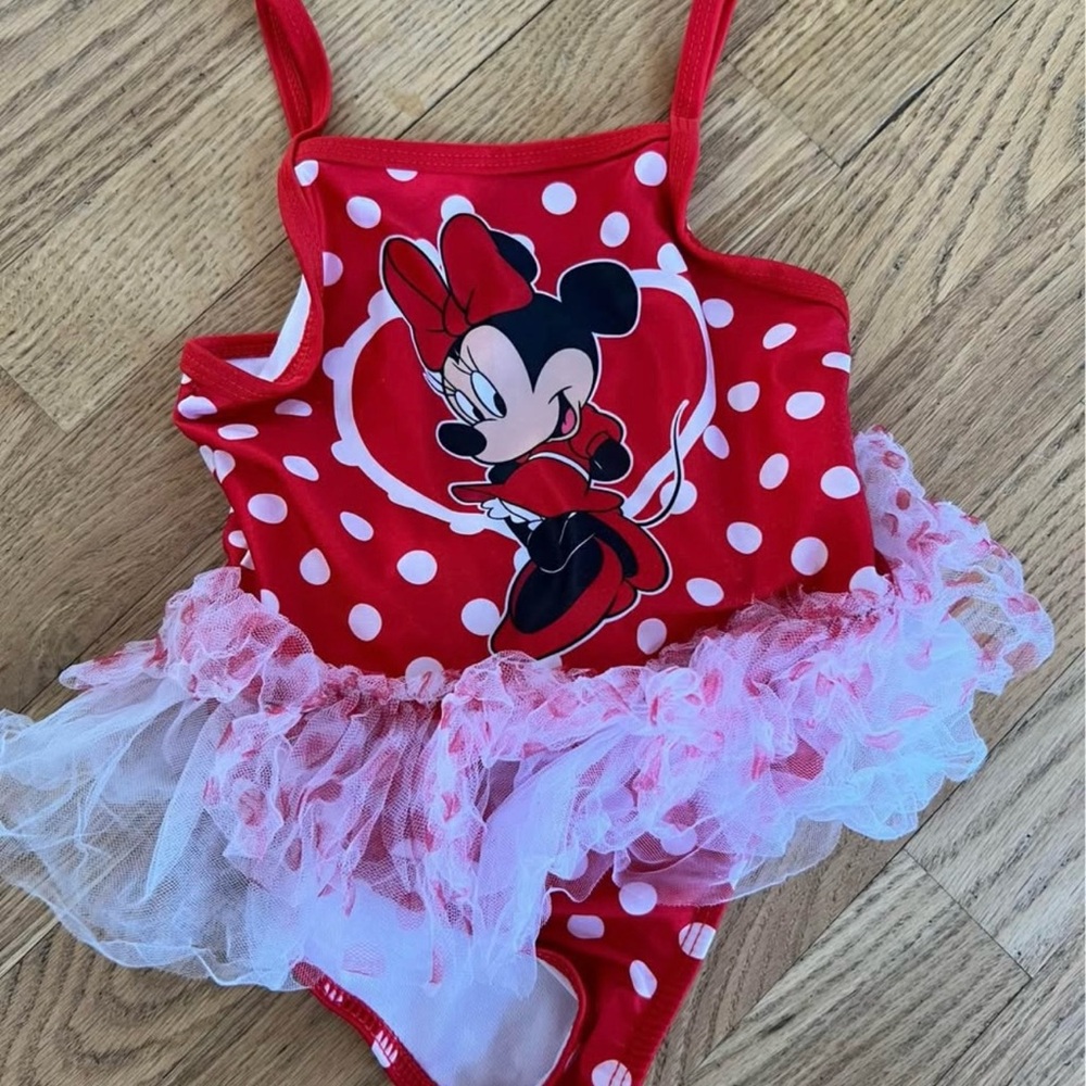 Girls Size 3T "Disney" Red and White Minnie Mouse Swimsuit with Tulle GUC ❤️